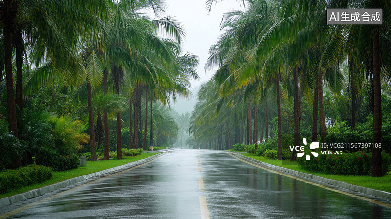 【AI数字艺术】雨后的椰林小路图片素材