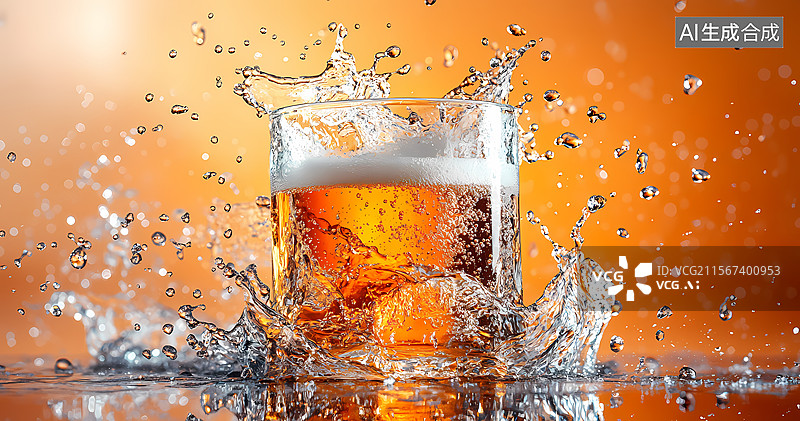 【AI数字艺术】杯中啤酒与水花飞溅图片素材
