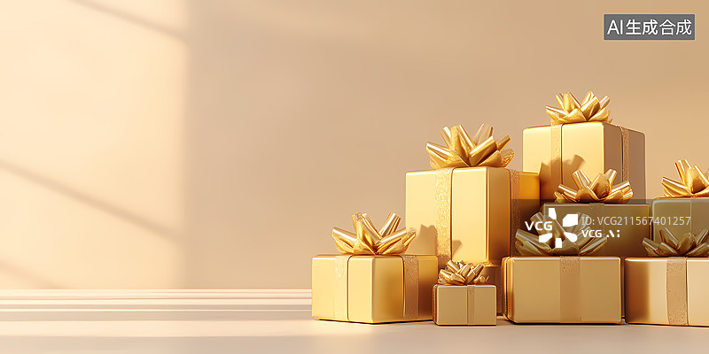 【AI数字艺术】金光闪闪的礼品盒堆叠图片素材