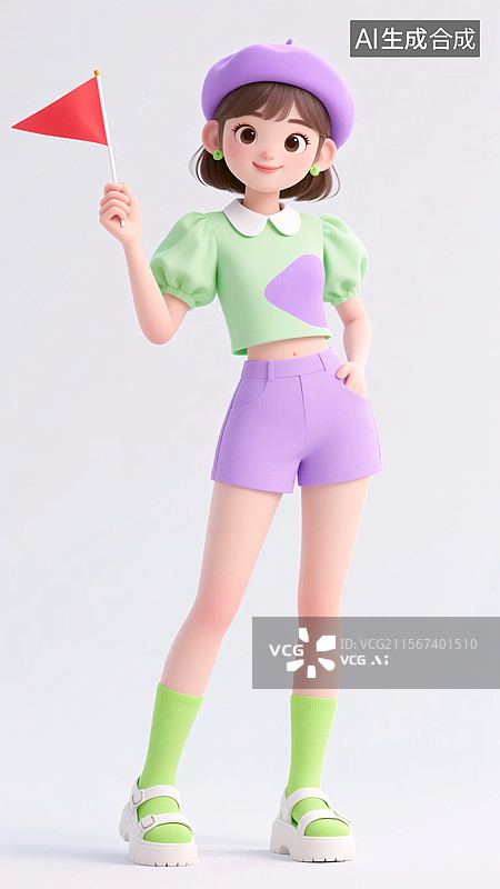 【AI数字艺术】手拿小旗的夏季绿紫色服装女生图片素材