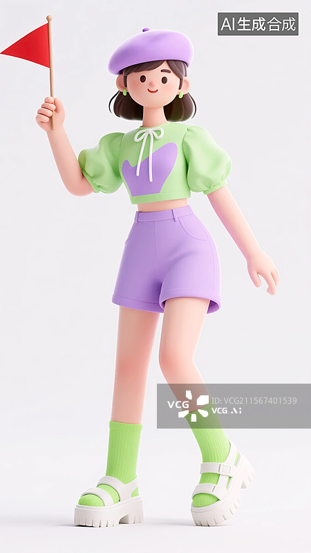 【AI数字艺术】手拿小旗的夏季绿紫色服装女生图片素材