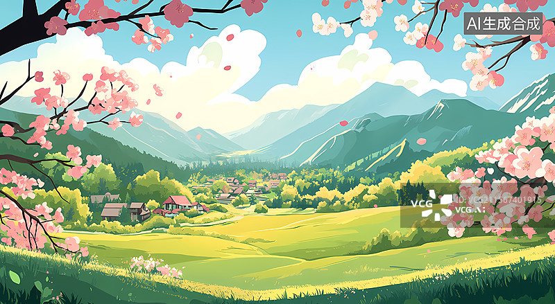 【AI数字艺术】春暖花开的小村庄图片素材