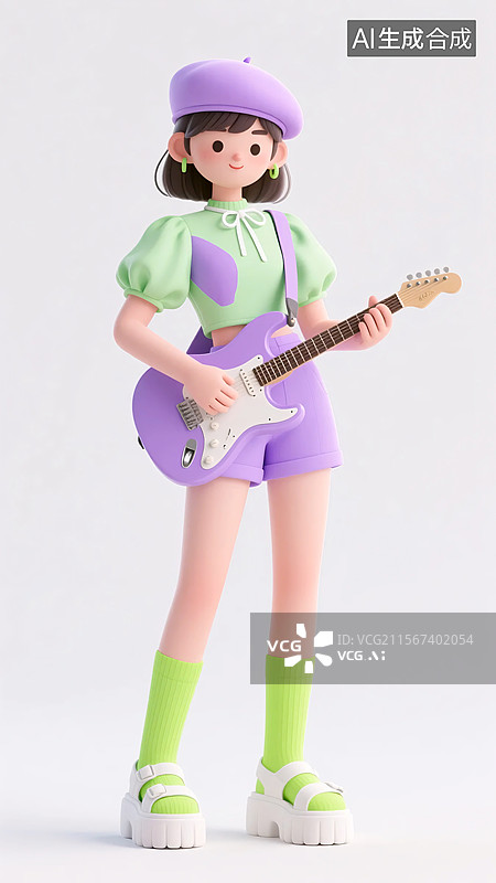 【AI数字艺术】弹吉他的夏季绿紫色服装女生图片素材