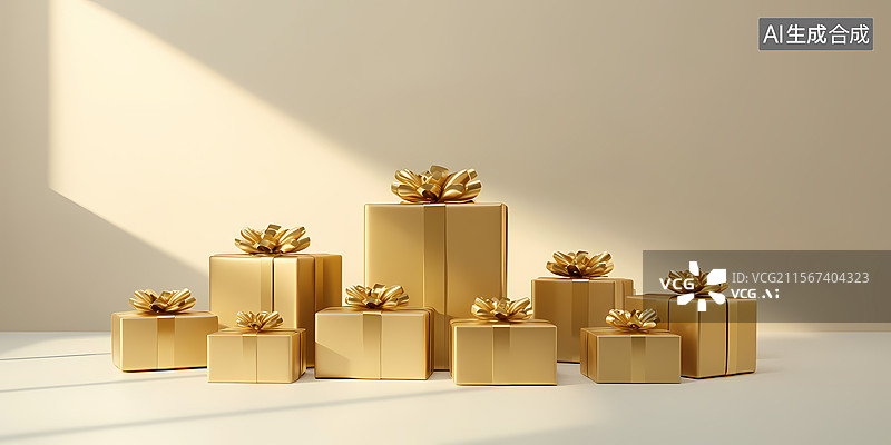 【AI数字艺术】金光闪闪的礼品盒堆叠图片素材