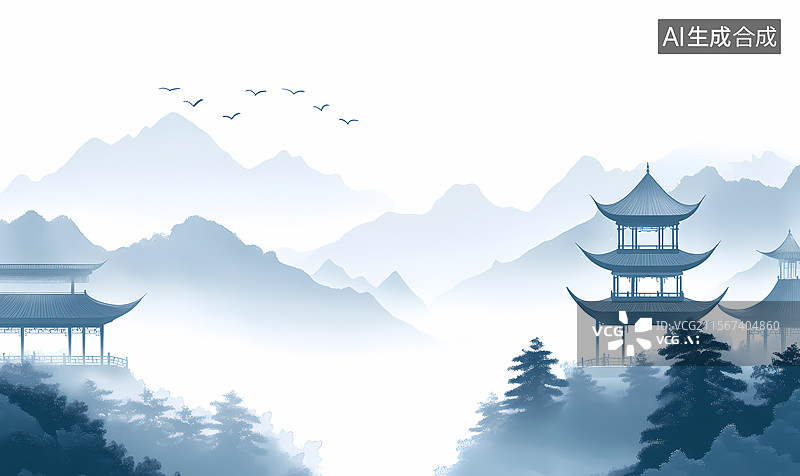 【AI数字艺术】朦胧中国山水画图片素材