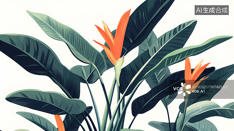 【AI数字艺术】热带香蕉叶与天堂鸟花图片素材