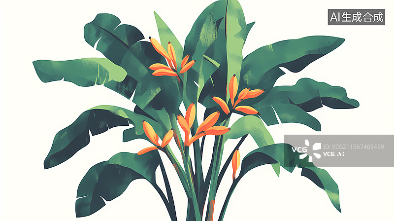 【AI数字艺术】热带香蕉叶与天堂鸟花图片素材