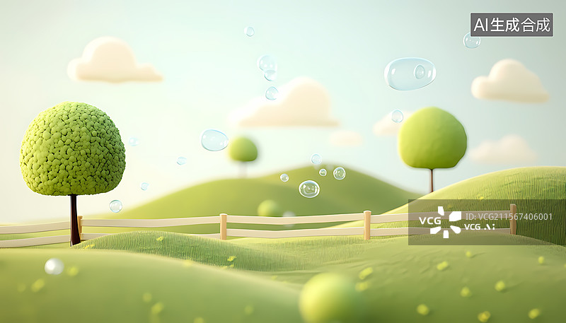 【AI数字艺术】宁静的绿色丘陵与树木和泡泡图片素材