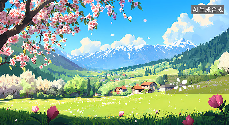 【AI数字艺术】春暖花开的小村庄图片素材