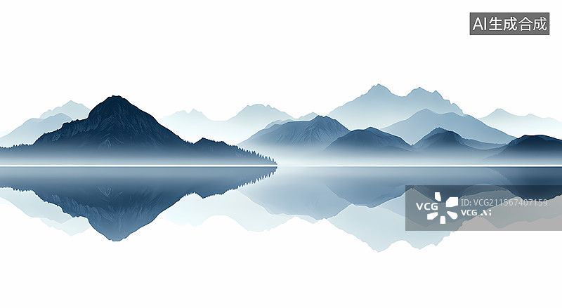 【AI数字艺术】朦胧山峦倒影图片素材