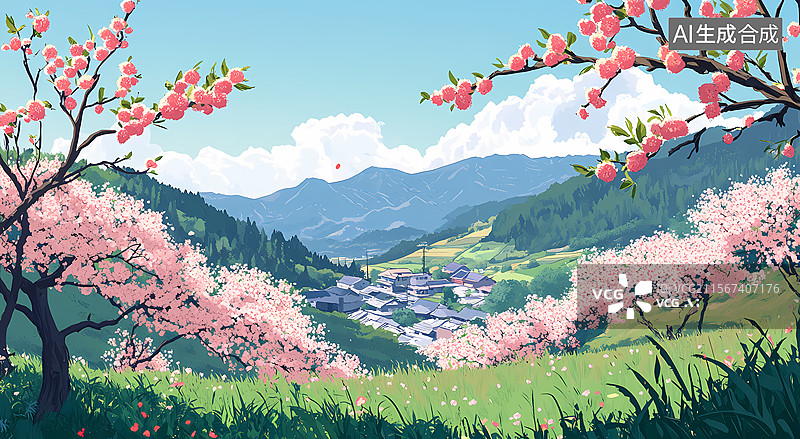 【AI数字艺术】春暖花开的小村庄图片素材