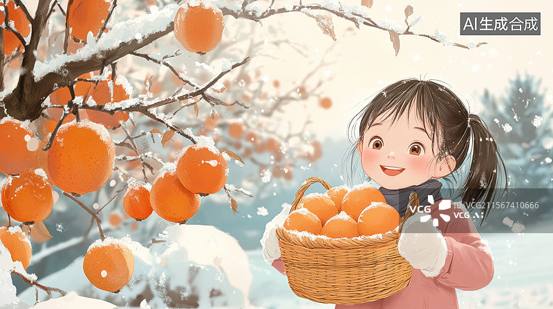 【AI数字艺术】小女孩在雪中采摘柿子图片素材