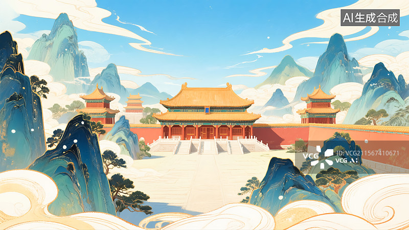 【AI数字艺术】国潮风高山古城宫殿插画图片素材