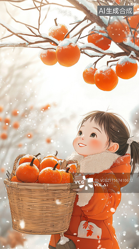 【AI数字艺术】小女孩在雪中采摘柿子图片素材