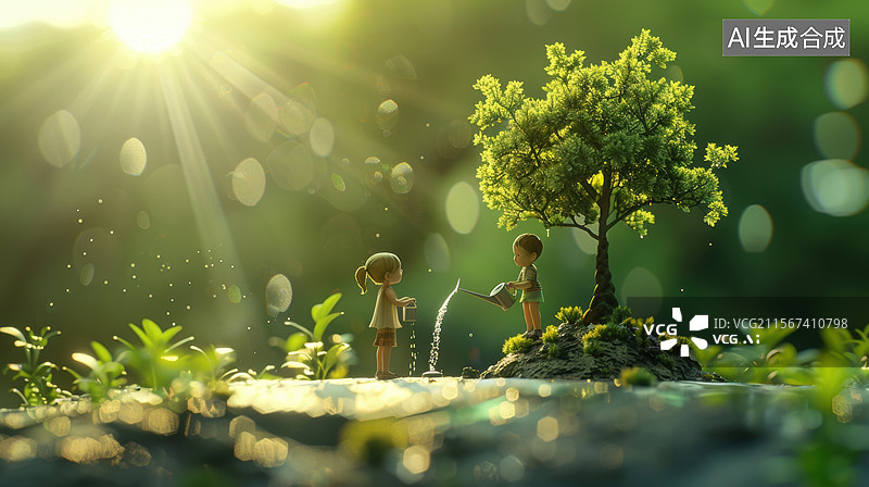 【AI数字艺术】两个小孩在阳光下浇灌小树图片素材