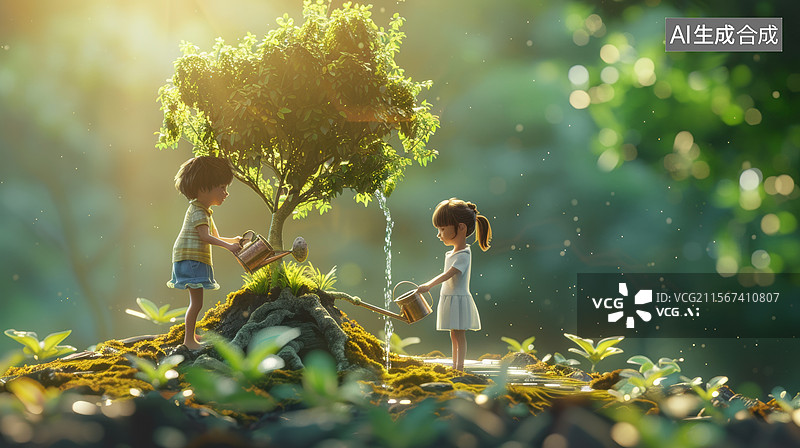 【AI数字艺术】两个孩子在森林中浇水图片素材