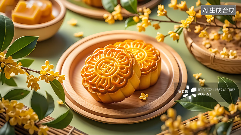 【AI数字艺术】桂花月饼国风三维插画图片素材