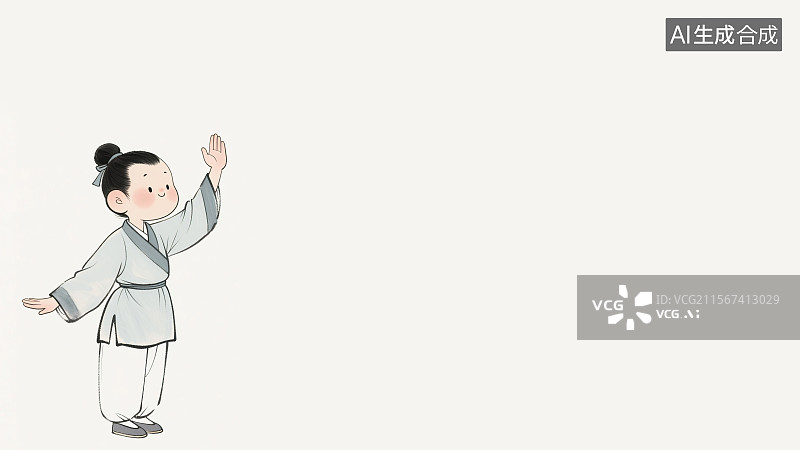 【AI数字艺术】复古中国风水墨画居左背景，八段锦动作第三式调理脾胃需单举 古代武学中医养生锻炼健身操古风人物插画图片素材
