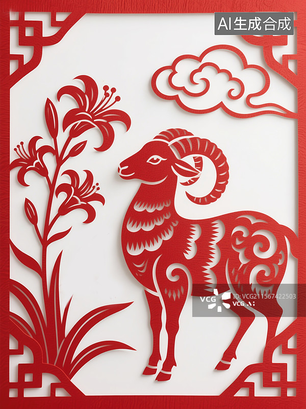 【AI数字艺术】非物质文化遗产中国十二生肖羊年剪纸插画红色传统艺术萱草祥云与如意纹农历新年背景图片素材