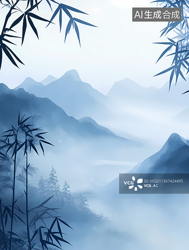 【AI数字艺术】水墨青蓝山景图图片素材