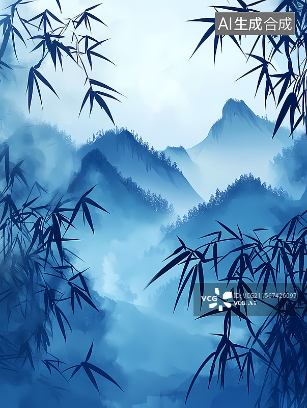 【AI数字艺术】水墨青蓝山景图图片素材