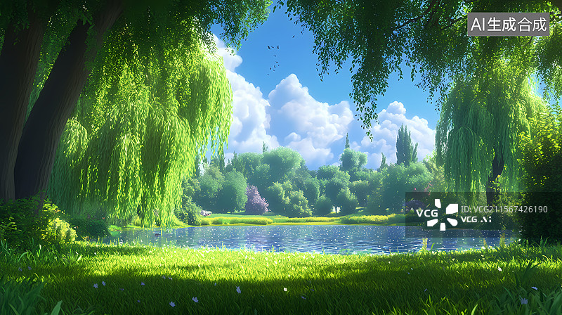 【AI数字艺术】宁静的湖畔春景图片素材