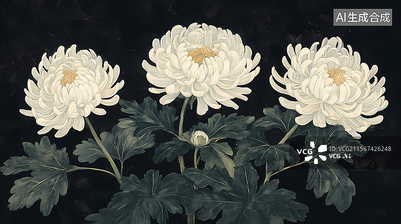 【AI数字艺术】白色菊花艺术插画图片素材