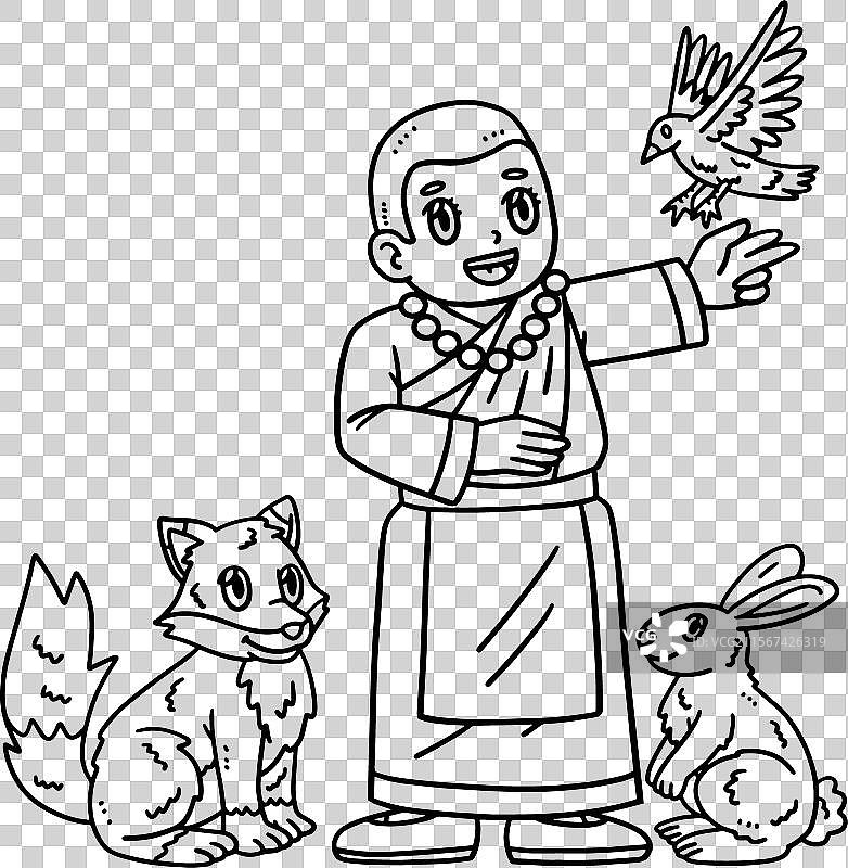 孤立的女性僧侣与动物的佛教涂色图图片素材