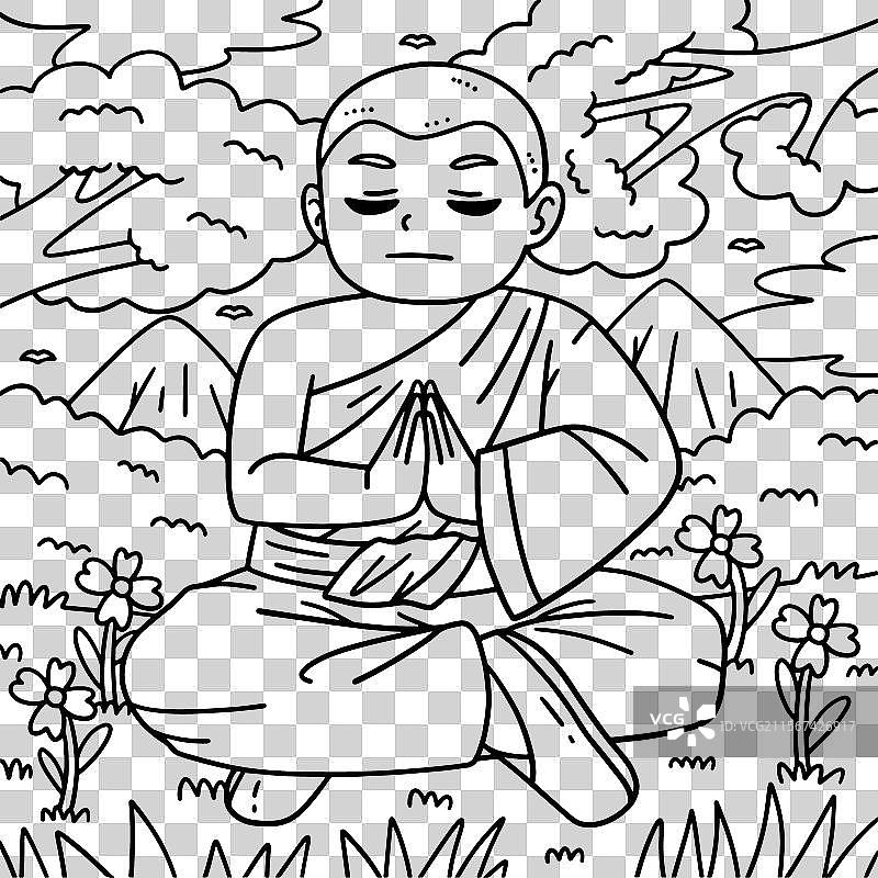 佛教僧侣冥想的涂色页图片素材