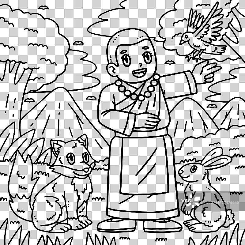 自然中的女性僧侣佛教涂色页图片素材