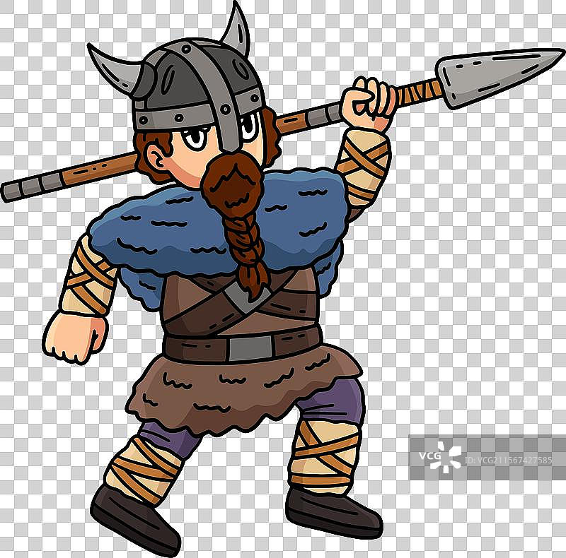 拿着长矛的维京人卡通彩色剪贴画图片素材