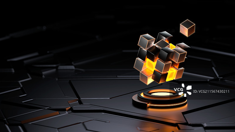 深色科技感魔方智能概念黑橙色3D场景图片素材