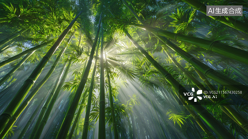 【AI数字艺术】阳光穿透茂密竹林图片素材