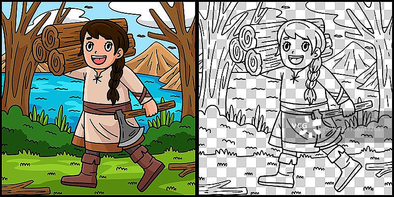 拿着斧头和木材的维京人图片素材