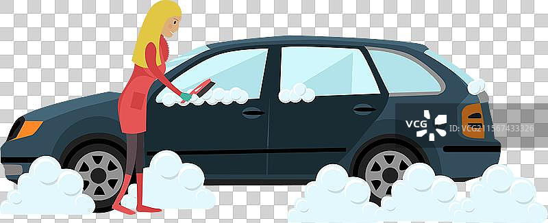 清除汽车上的雪的女性图标图片素材