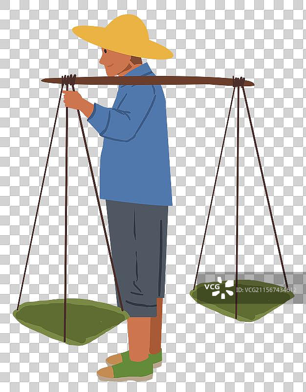 乡村振兴农业农村农民乡下乡村乡民干农活挑担子赶集去田里劳动劳作扁担站立父辈卡通插画图片素材