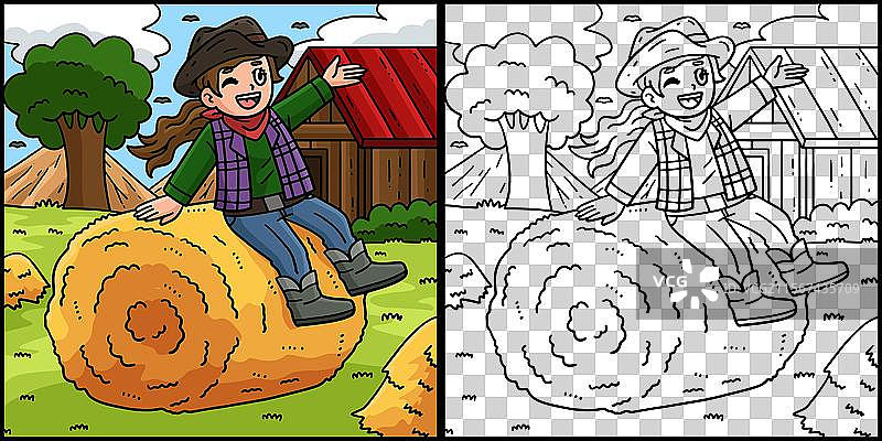 坐在干草堆上的女牛仔涂色图片素材