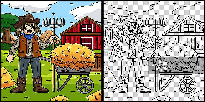 牛仔女孩与轮式手推车的干草涂色图片素材