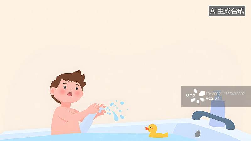 【AI数字艺术】2D卡通小男孩在浴缸洗澡背景居下图片素材