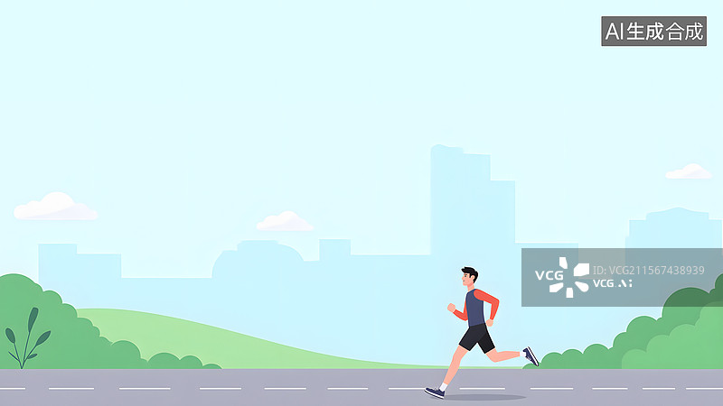 【AI数字艺术】2D卡通男子在绿道上晨跑背景居下图片素材
