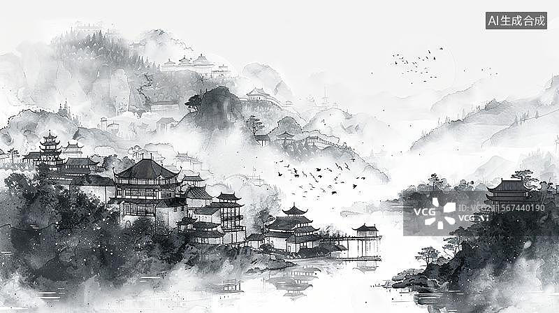 【AI数字艺术】水墨江南烟雨楼台画境图片素材