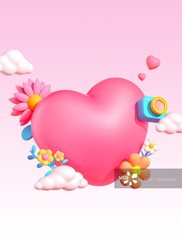 情人节粉色背景中的爱心元素堆头图3D场景图片素材