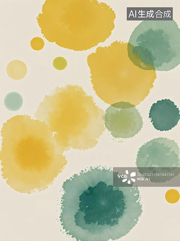 【AI数字艺术】抽象水彩画，黄色绿色圆点与不规则形状交织图片素材