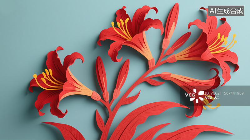 【AI数字艺术】非物质文化遗产中国剪纸艺术之鲜艳红色萱草传统花卉插画展现喇叭状花朵黄色花蕊背景图片素材