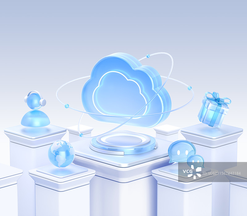 科技蓝白数据云计算元素堆3D智能浅色场景图片素材