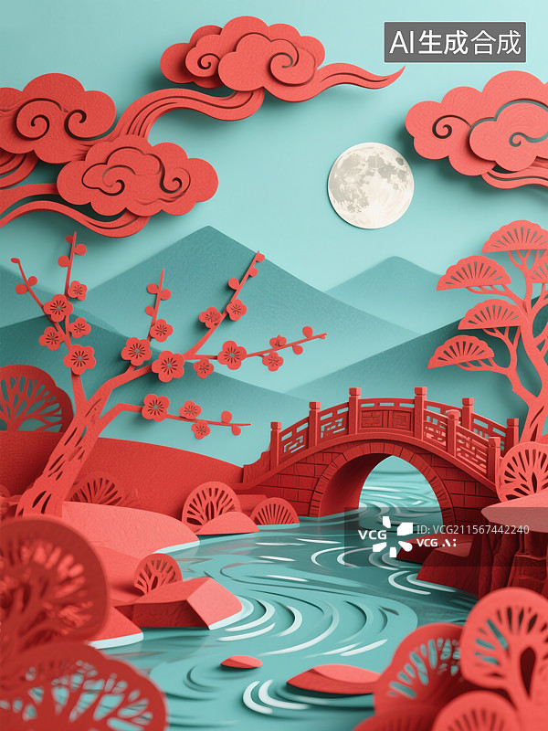 【AI数字艺术】非物质文化遗产立体红色剪纸艺术展现宁静山水景观桥流水梅花月亮与远山中秋节圆月古风新中式古韵背景图片素材