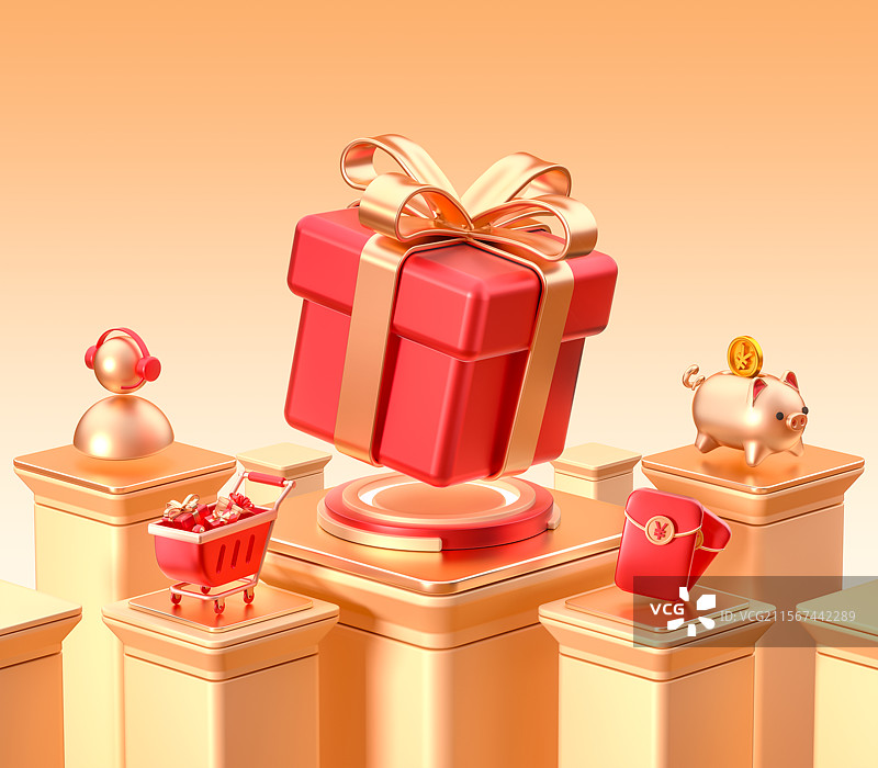 橙色背景中的礼盒元素堆3D场景活动促销图片素材
