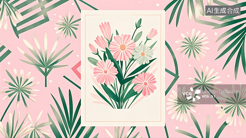 【AI数字艺术】粉色背景上的手绘花卉插画图片素材