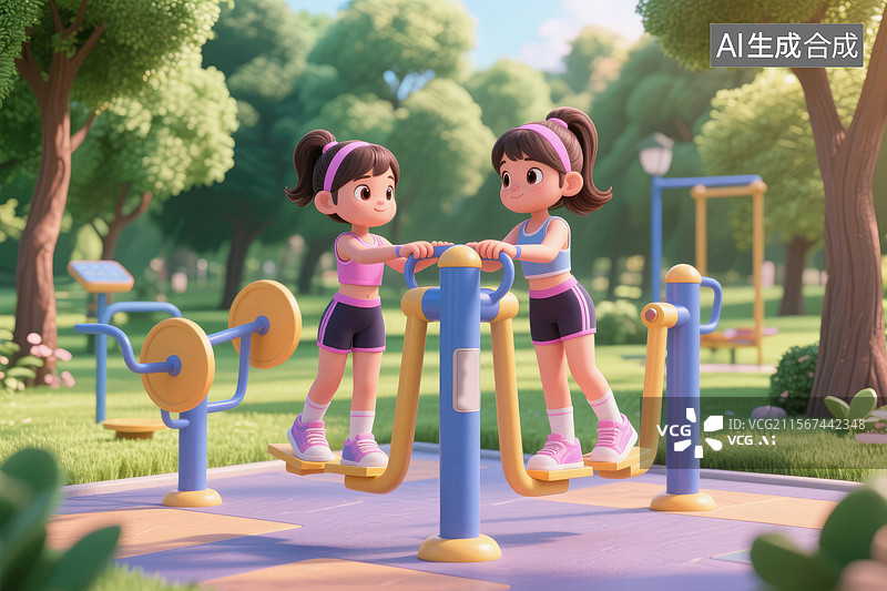 【AI数字艺术】卡通双胞胎户外运动图片素材