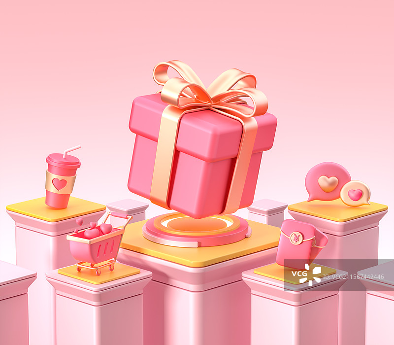情人节粉色背景中的礼盒元素堆头图3D场景图片素材